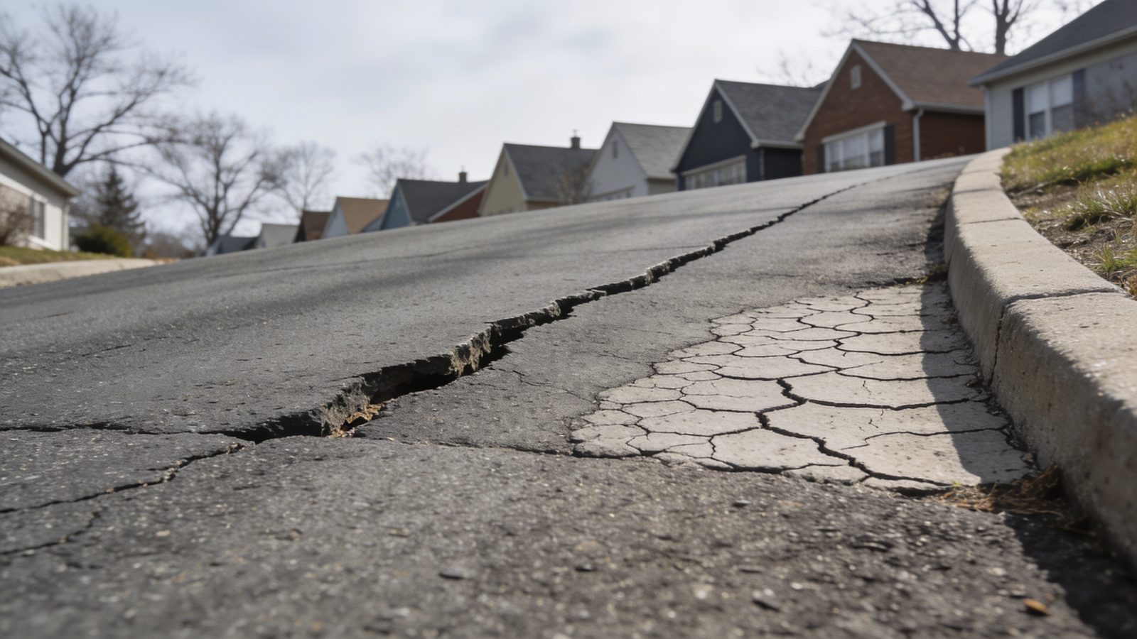 An asphalt driveway on a hillside street showing a long straight crack with one side settled lower beside a patch of interconnected alligator cracking