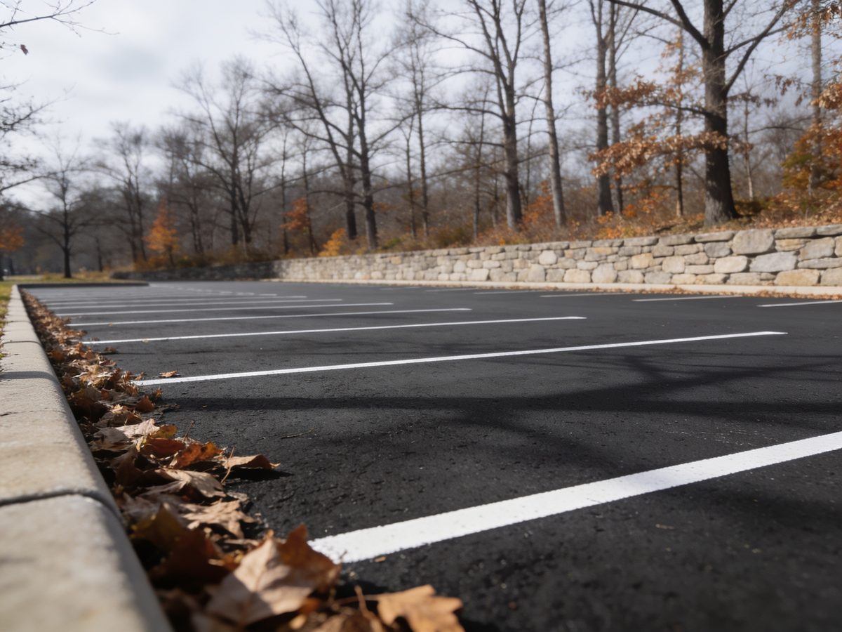 A well-kept commercial parking lot in autumn with an even dark surface, crisp white stall lines and fallen leaves gathered along the kerb